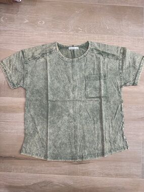 Zenana Washed Olive Green Pocket Tee | Vintage Mineral Wash Relaxed Fit Top NEW